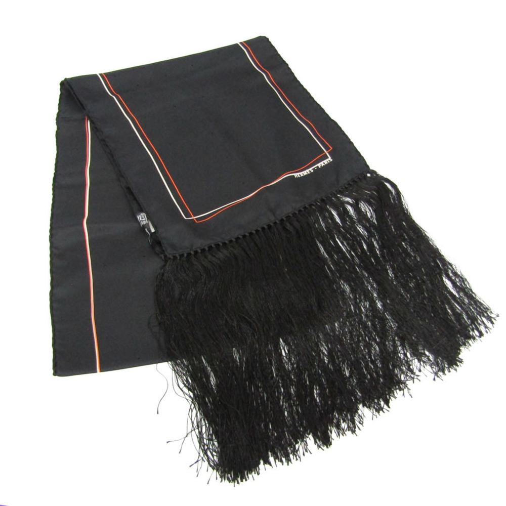 Hermes Perforated Fringe Long Scarf Women's Silk Stole Black,Orange